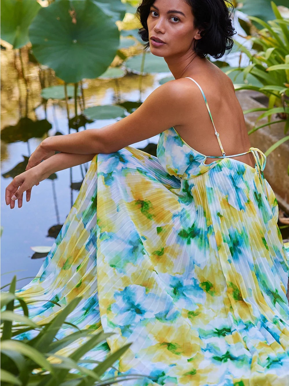 Misa Los Angeles Yellow, Green & Blue Watercolor Pleated Backless Maxi Dress
